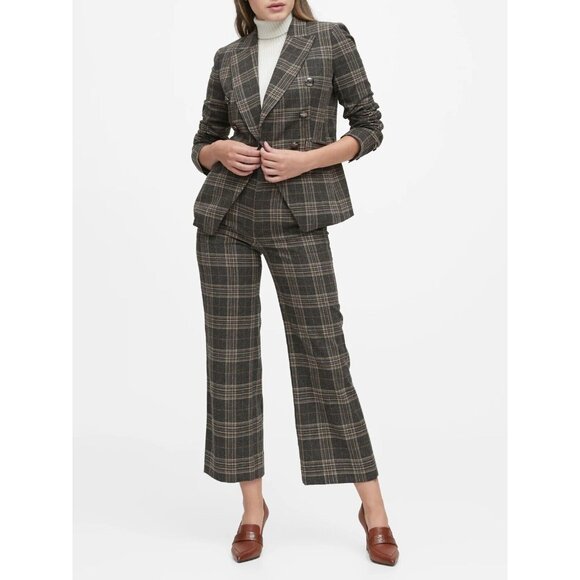 BANANA REPUBLIC Cadet Grey Check Wool Flannel Double Breasted Blazer, Size 6 - Picture 1 of 16